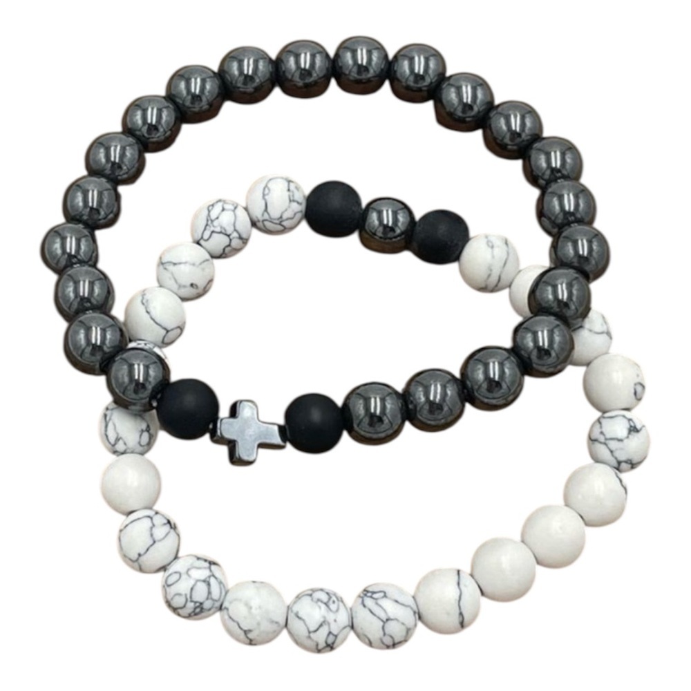 Set of Two Elastic Hematite and Howlite Bracelets with Black Matte…